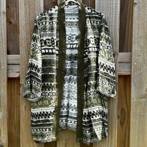 Allison Daley Open Front Lace-Trimmed Cardigan - Olive Green Pattern Size 12 EUC
